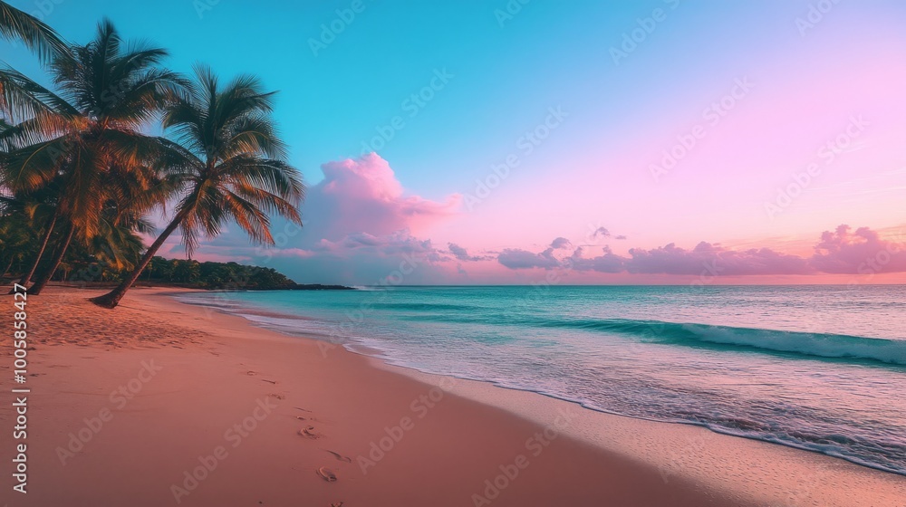 Poster a beautiful beach with a palm tree in the foreground and a pink