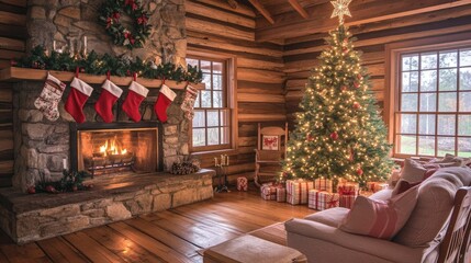 Obraz premium Warm and inviting holiday room featuring a Christmas tree, a stone fireplace, and stockings in a wooden cabin, evoking the joyful spirit of Christmas.