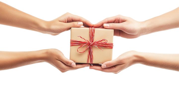 Four hands sharing a brown gift box tied with red string, isolated on transparent cutout background