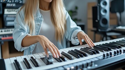 Obraz premium A focused musician plays a keyboard, showcasing creativity and passion in a modern studio setting.
