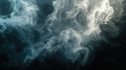 Wisps of smoke forming intricate patterns in mid-air on a dark background, with soft light accentuating the delicate swirls.