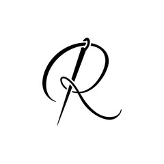 script letter initial R with sewing needle logo