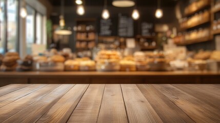 Wooden board table in sharp focus with a warm, abstract blurred bakery shop in the background, setting a perfect scene for food or product placements.