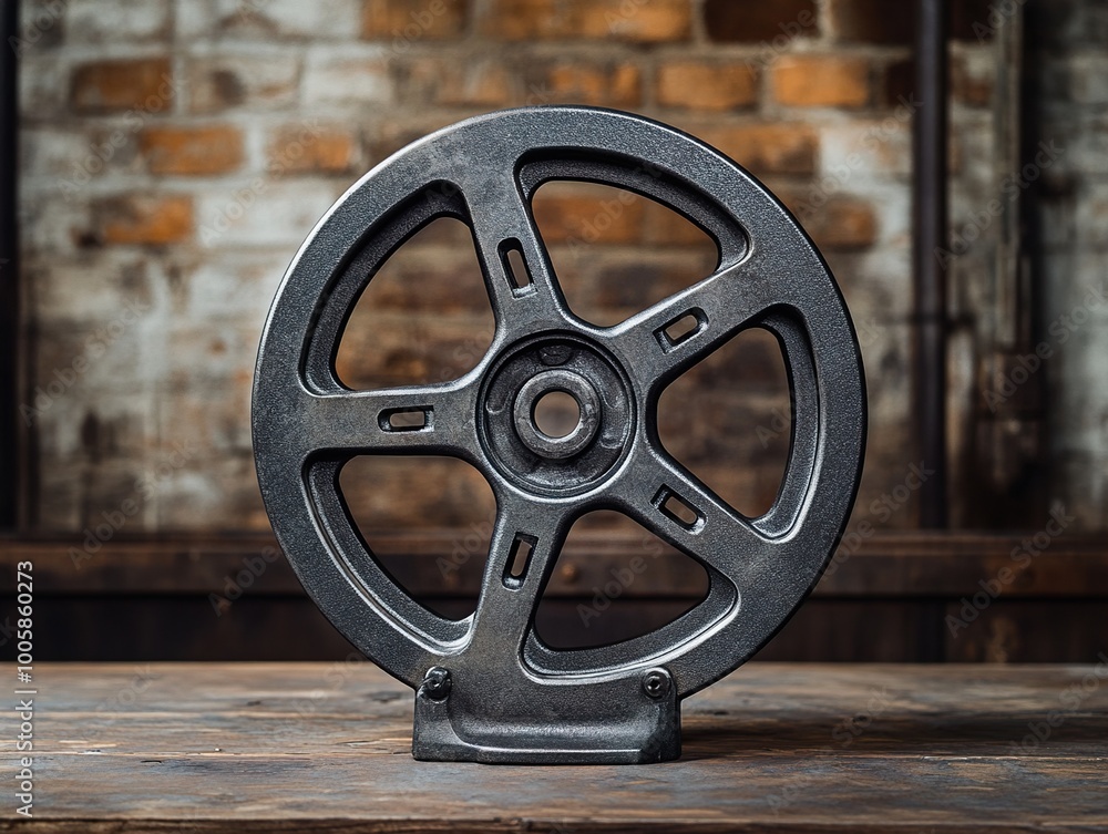 Sticker Industrial Metal Wheel: A Close-Up Look at a Vintage Machine Part