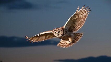 Fototapeta premium Majestic Owl in Flight captures the awe-inspiring beauty of a majestic owl soaring through the dusky twilight sky.