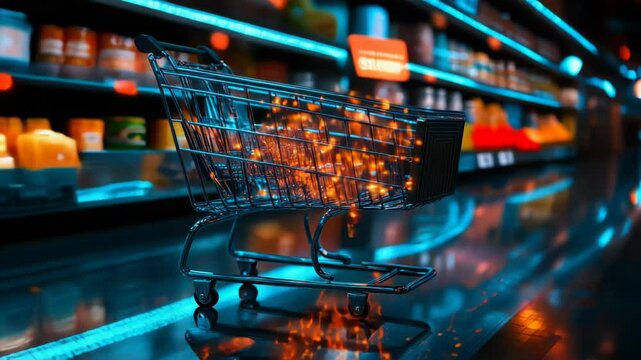 B2B E-Commerce Business Concept: Digital Marketing and Supply Chain Strategy with High-Tech Shopping Cart in Modern Retail Setting
