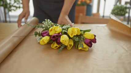 A florist wrapping fresh colorful tulips on a craft paper in a flower shop, depicting an...