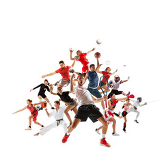 Dynamic image of sportive young men and women, people practicing different kind of sports isolated...