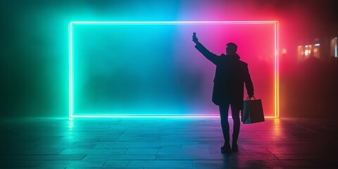 Silhouette of a person walking through neon blue and green glow frames for Cyber Monday