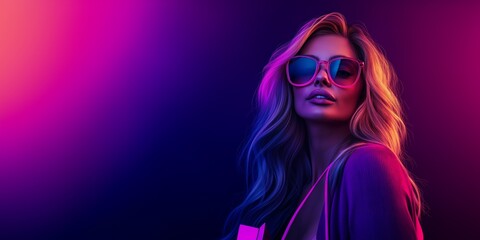 Stylish portrait of a woman in neon pink and blue lighting for a Black Friday theme