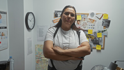 Serious hispanic woman with arms crossed standing in a detective's office with evidence board in...