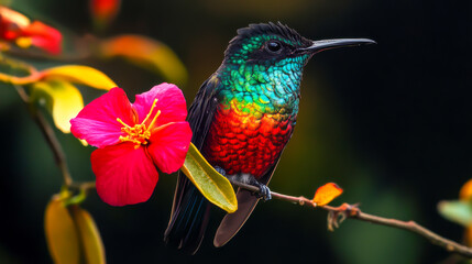 Fototapeta premium A colorful hummingbird is perched on a branch next to a red flower. The bird is surrounded by a vibrant and lively atmosphere, with the bright colors of the flower