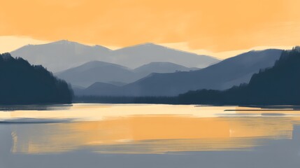 Abstract Mountain Lake Sunset Landscape Painting