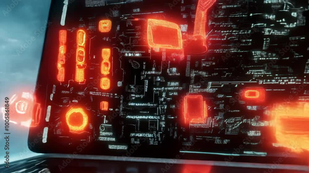 Poster dynamic online startup concept - futuristic laptop displaying data with floating digital elements in