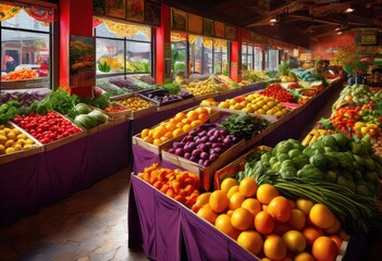 Fototapeta premium colorful assortment fresh fruits vegetables beautifully arranged neatly organized donation boxes, organic, produce, variety, nutritious, crunchy, vibrant