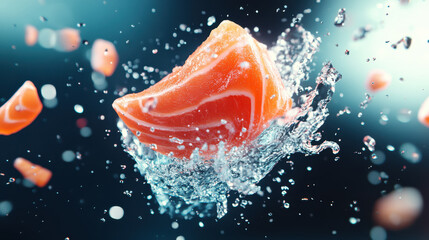 vibrant burst of salmon splashes through water, creating dynamic and energetic scene. vivid colors and motion evoke sense of freshness and excitement