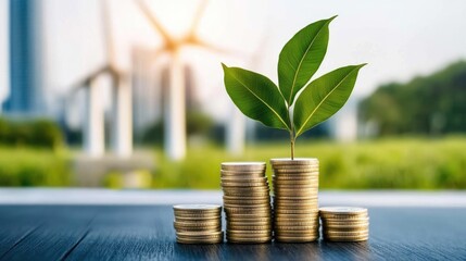A green plant growing from a stack of coins, symbolizing sustainable investment and the relationship between finance and nature.