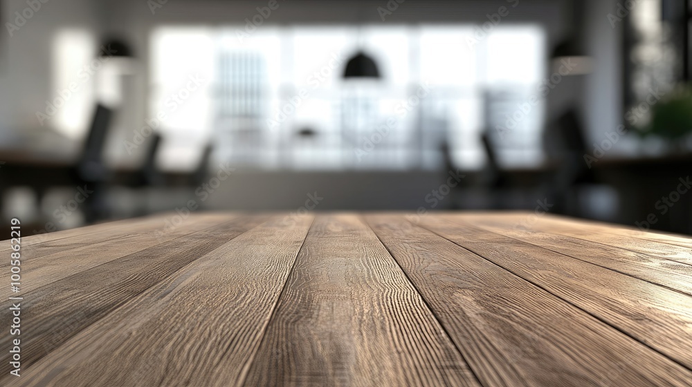 Poster wooden table surface ready for product placement, with a blurred empty office room behind, creating 