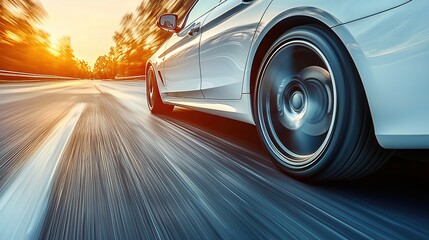 Fototapeta premium White car speeding down highway at sunset.