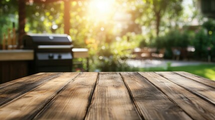 Fototapeta premium Wooden table surface ready for serving, with a blurred BBQ grill and patio in the distance. Perfect for highlighting outdoor cooking experiences.