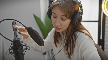 A young woman wearing headphones speaks into a microphone in a modern radio studio setup