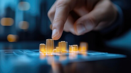 A hand interacting with miniature glowing buildings on a digital interface, symbolizing urban development and technology.