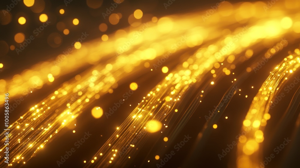Poster a mesmerizing display of golden light particles and flowing lines creating a dynamic visual effect.