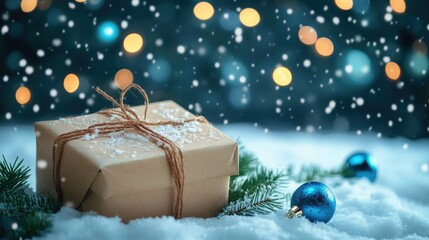 Wrapped Christmas gift on snow, with twinkling blue bokeh lights in the background. Fir branches and ornaments create a festive, wintery atmosphere as snow falls softly.