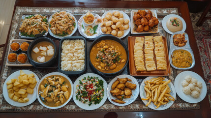 A delicious spread of Ramadan dishes!  The table is filled with favorites like crab soup, tofu salad, samosas, grilled chicken, chicken curry, and fries with sauce.