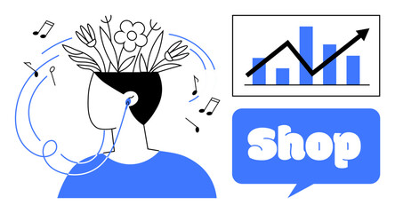 A person with plants and flowers growing out of their head is listening to music through earphones. Nearby, a bar graph with an upward trend. Ideal for music, relaxation, growth, business, shopping