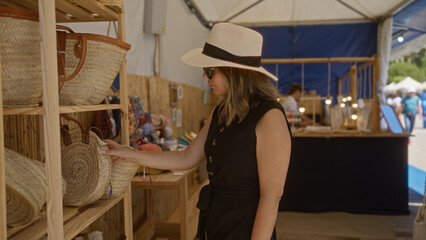 Woman shopping at an outdoor market in palma, mallorca, spain, wearing a summer hat and exploring woven baskets on display in a vibrant island setting.