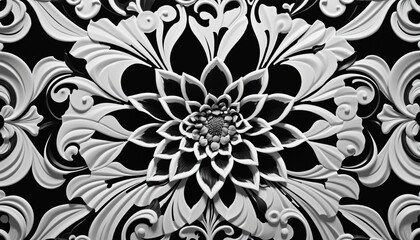 Fototapeta premium Black and white geometric checkered floral pattern, illustration