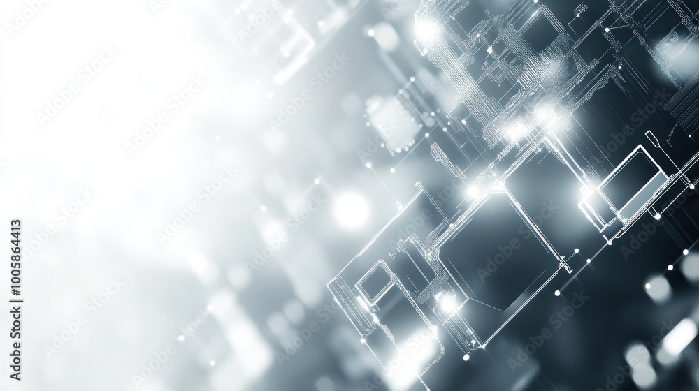 Poster abstract digital background with glowing lines and shapes representing technology and data flow.
