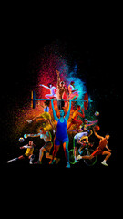 Creative collage. Vertical image with various athletes in motion, practicing, performing different sports on black background with colorful splashes. Concept of sport, active lifestyle, dynamics.