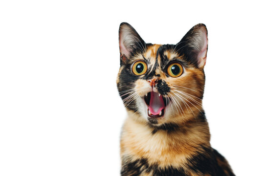 Surprised tortoiseshell cat portrait funny