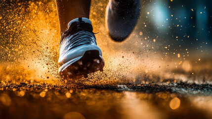 A person running with their foot in the air and a lot of dirt and sand on the ground