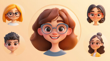Fototapeta premium A smiling woman's face, a user icon, and close-ups of a woman and a young girl in a circle. These happy, cartoon-style characters are part of a set of people designed in a realistic 3D style.