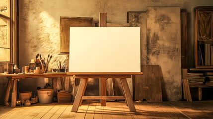 Blank canvas standing on easel in an artist studio with art supplies waiting to be used