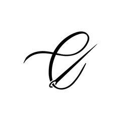script letter initial c with sewing needle logo