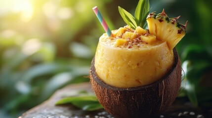 Tropical Pineapple Smoothie in Coconut Shell