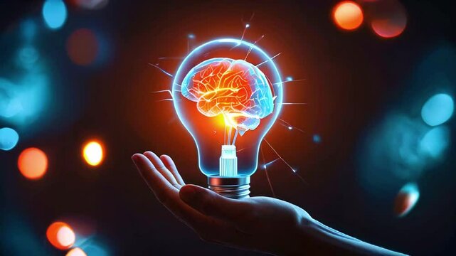 A hand holding a glowing lightbulb with a brain inside, representing ideas and inspiration.
