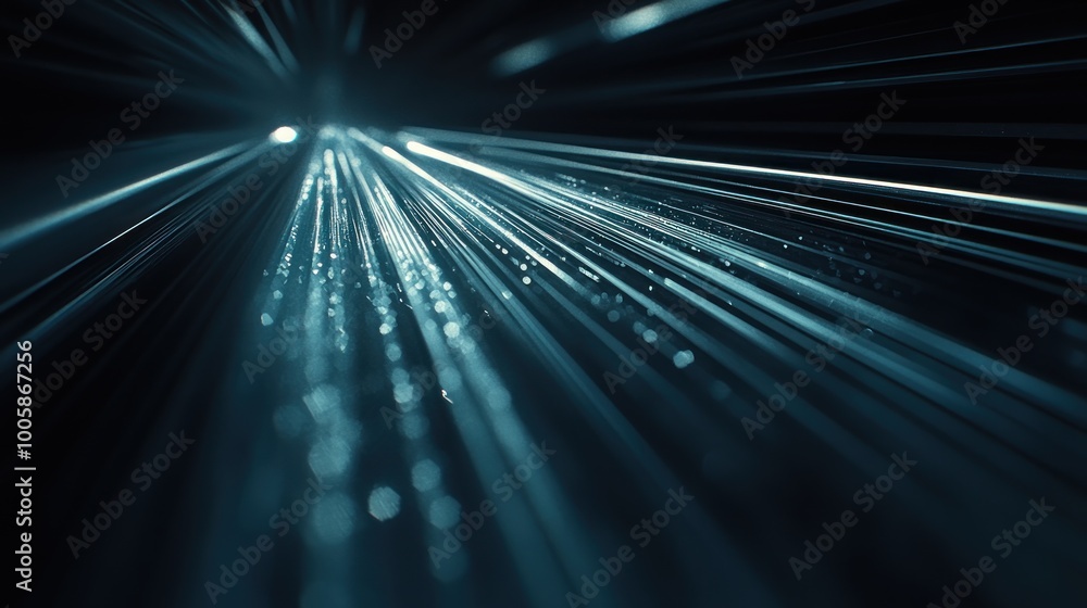 Poster a dynamic visual of light beams creating an abstract, futuristic atmosphere.