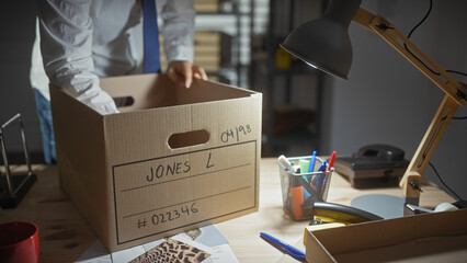A man in an office organizes a cardboard box with evidence on a cluttered desk under lamplight.