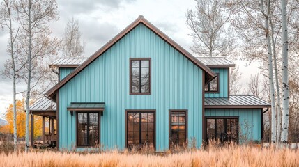 Contemporary farmhouse home with vertical cerulean paneling, chocolate brown trim, against apricot grass and surrounded by pale grey trees, blending modernity with nature