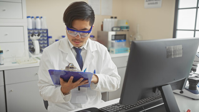 A young asian man in a lab coat reviews a clipboard while wearing safety goggles in a clinical laboratory setting.