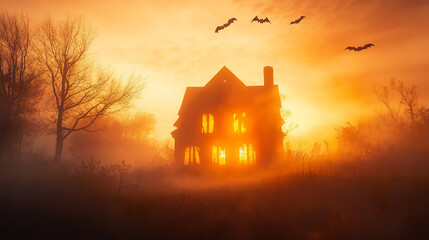 Spooky, abandoned house with glowing windows stands in foggy, eerie landscape at sunset, with bats flying overhead