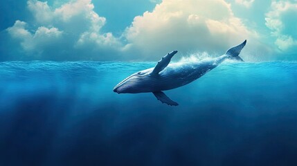 Fototapeta premium A majestic whale swimming gracefully beneath the ocean surface, surrounded by serene water and soft clouds above.