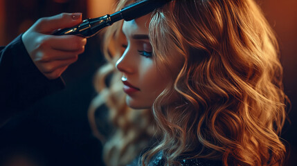 Obraz premium A stylist curls a client's hair with a curling iron in a trendy salon. The atmosphere is professional and fashionable.