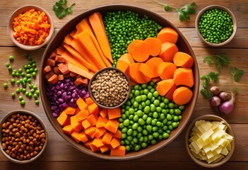 colorful dog food bowl featuring fresh ingredients attractive arrangement bright background, animal, pet, nutrition, dish, vibrant, healthy, gourmet