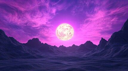 A mesmerizing landscape featuring a vibrant purple sky and glowing moon over rugged mountains, creating a surreal and enchanting atmosphere.